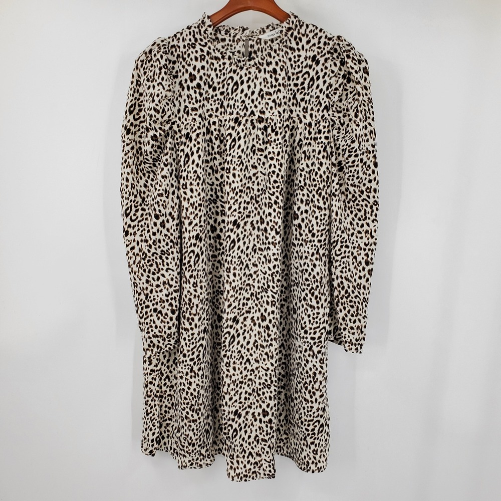 Davi & Dani Leopard Print Ruffle Neck Puff Sleeve Babydoll Mini Dress M Party